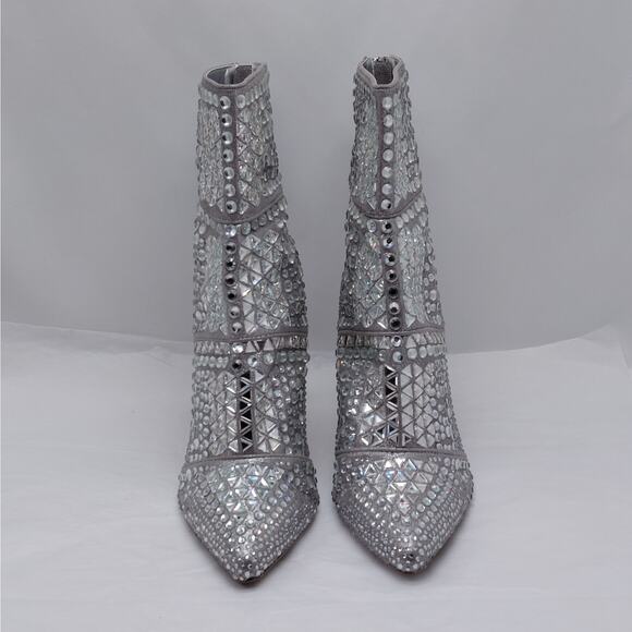 Steve Madden Crossing Silver Rhinestone Ankle Boots 10M Sparkle Stiletto Heels - Picture 3 of 12